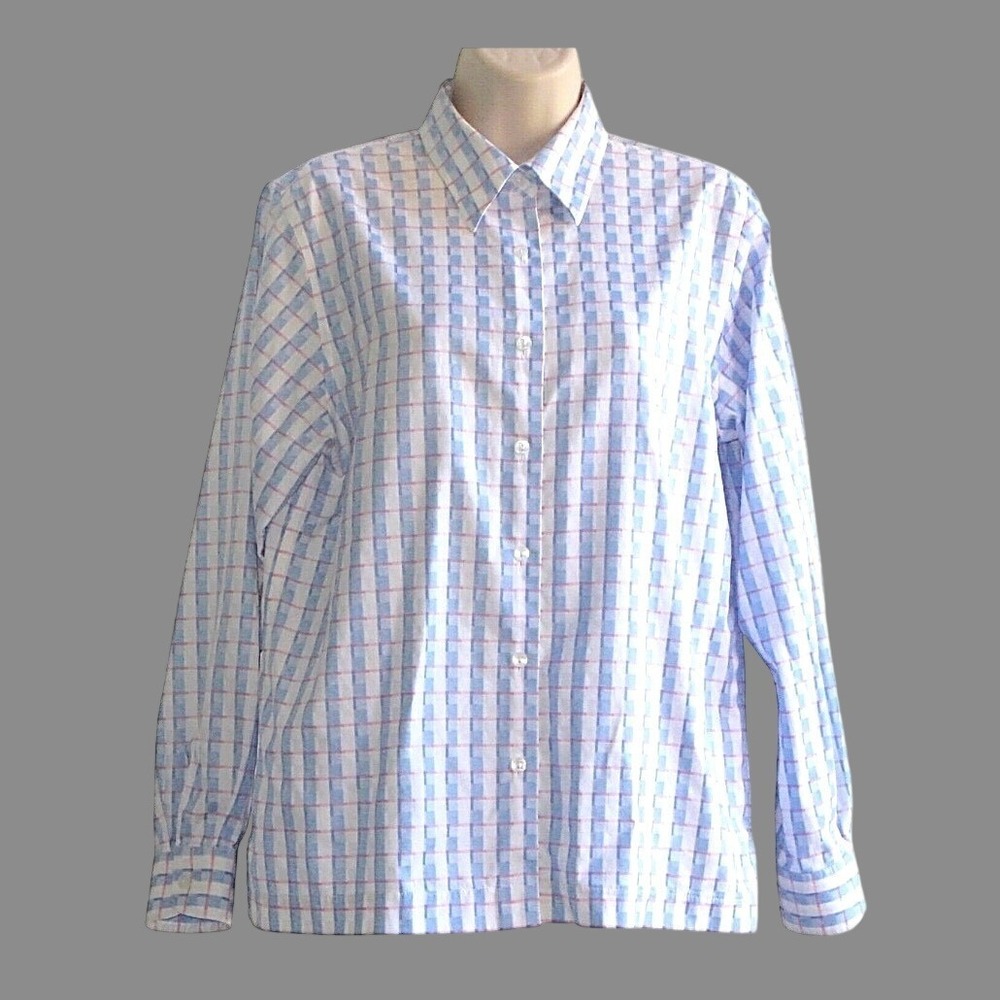 FOXCROFT Button-Up Dress Shirt WRINKLE FREE COTTON Blue/Pink/White Plaid Check 8
